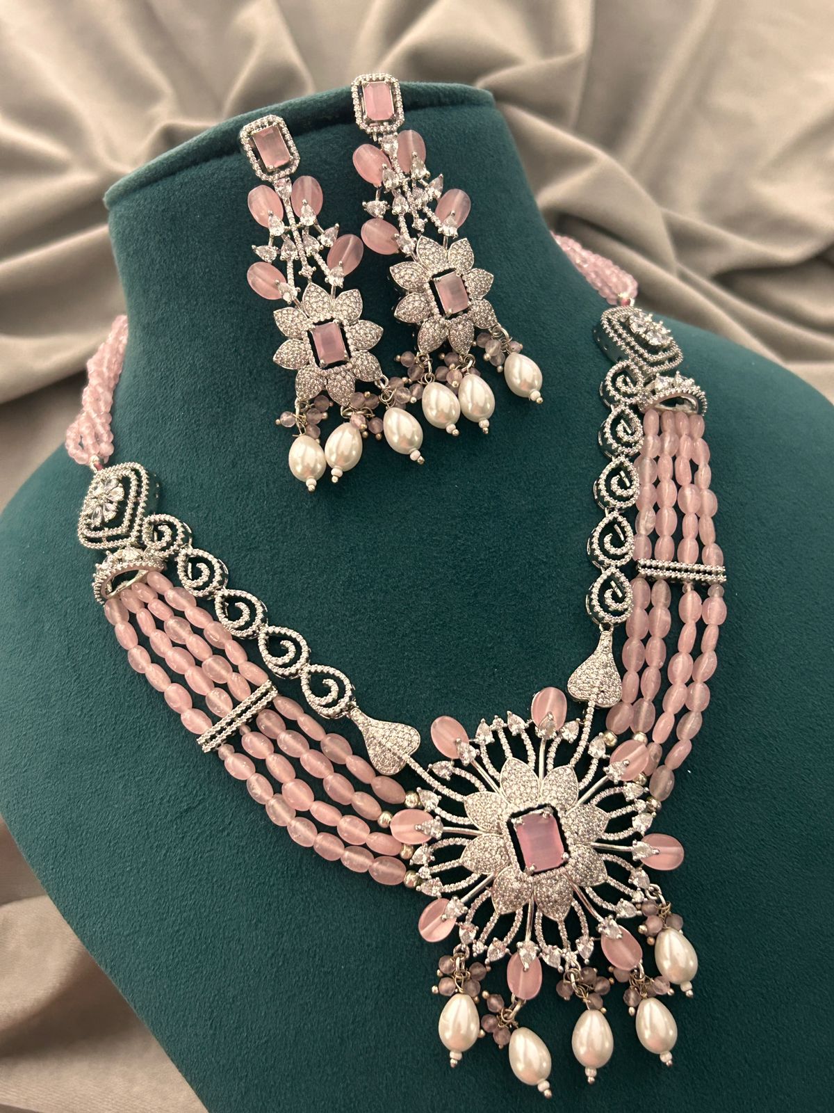 Pink Beads & Diamond Look Necklace Set with Pearls – Bridal Party Wear Jewellery